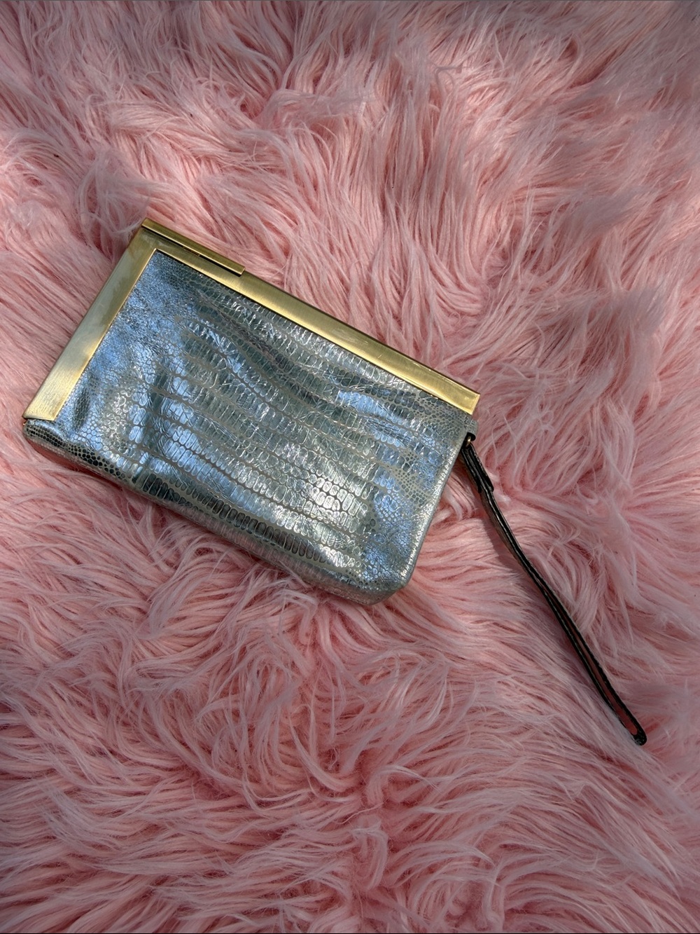Calvin Klein Silver Metallic Clutch Wristlet with Gold Frame